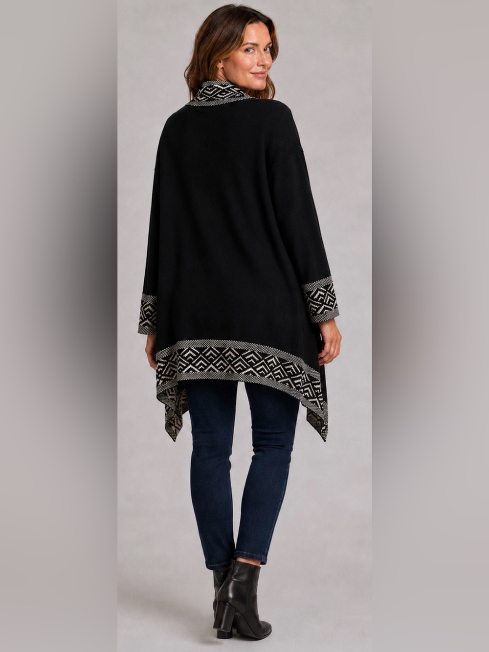 August Silk Women L Open Front Cardigan Black Ivory Southwestern Sweater Jacket